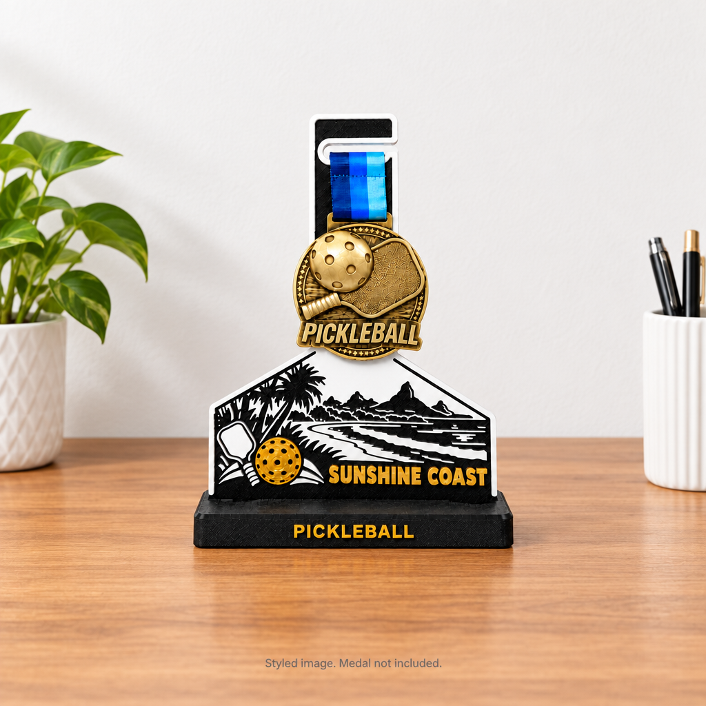 A pickleball-themed commemorative plaque and medal set on a black base. The plaque features a black-and-white beach scene with palm trees, mountains, and a pickleball, with the text 'SUNSHINE COAST.